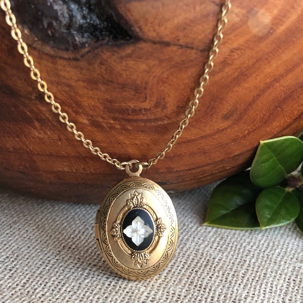 1928 Gold-Tone Locket Necklace with Black and White Inset
